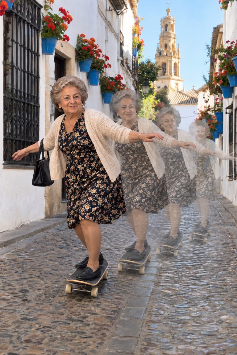 La abuela con una estela de clones detrás, con /ghostwalk