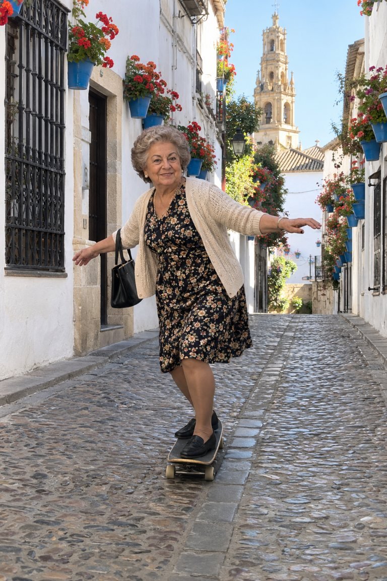 Foto generada con IA de una abuela cordobesa en monopatín por una calleja encalada con geranios