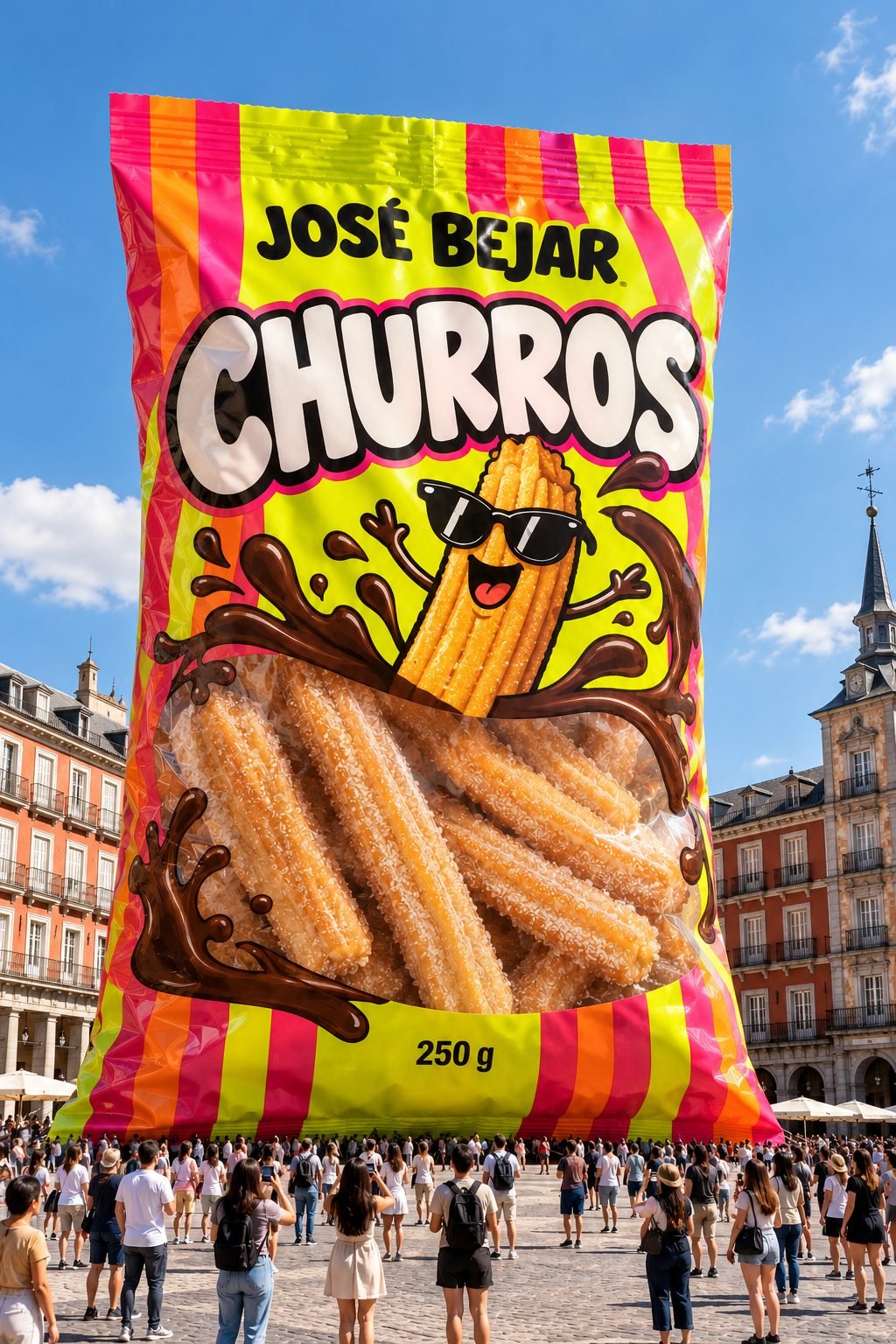 La bolsa de churros gigante en mitad de una plaza llena de gente, con /giant