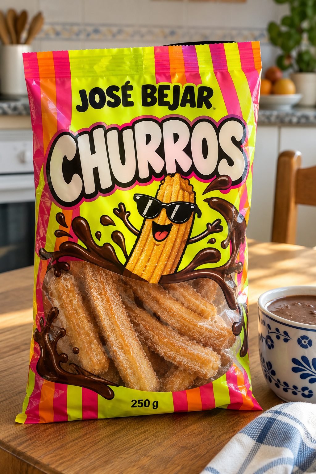 Foto de móvil de una bolsa de churros de la marca inventada José Bejar sobre la mesa de una cocina