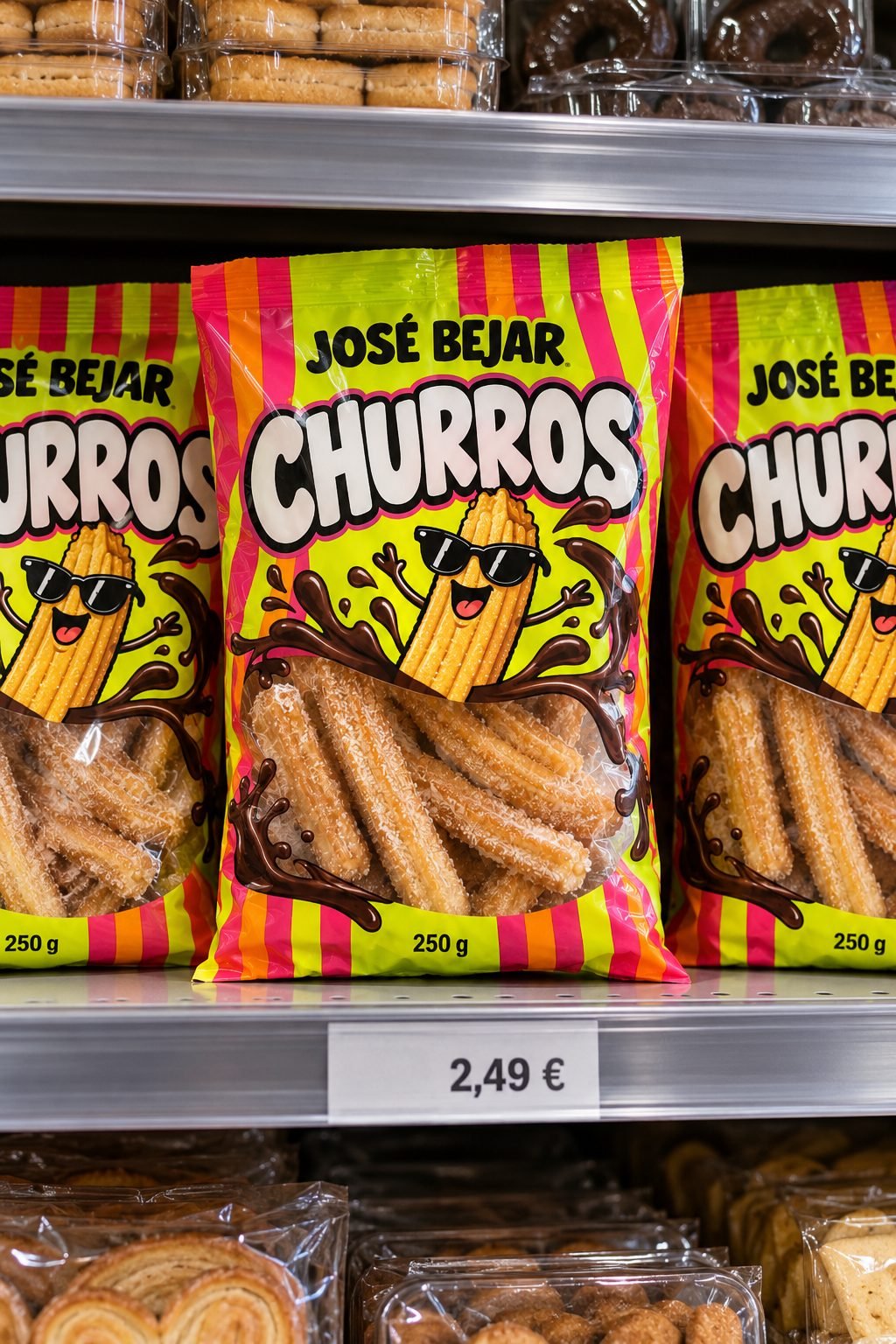 La bolsa de churros en la estantería de un supermercado, con /shelf