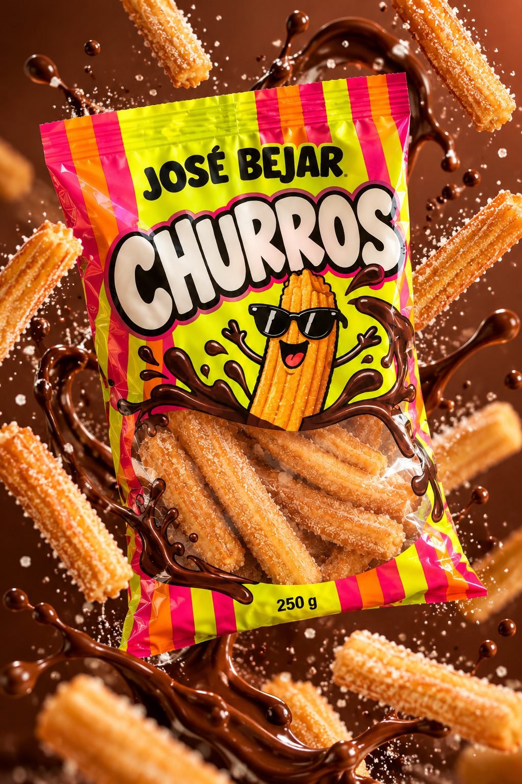 La bolsa de churros rodeada de churros y chocolate volando, con /splash