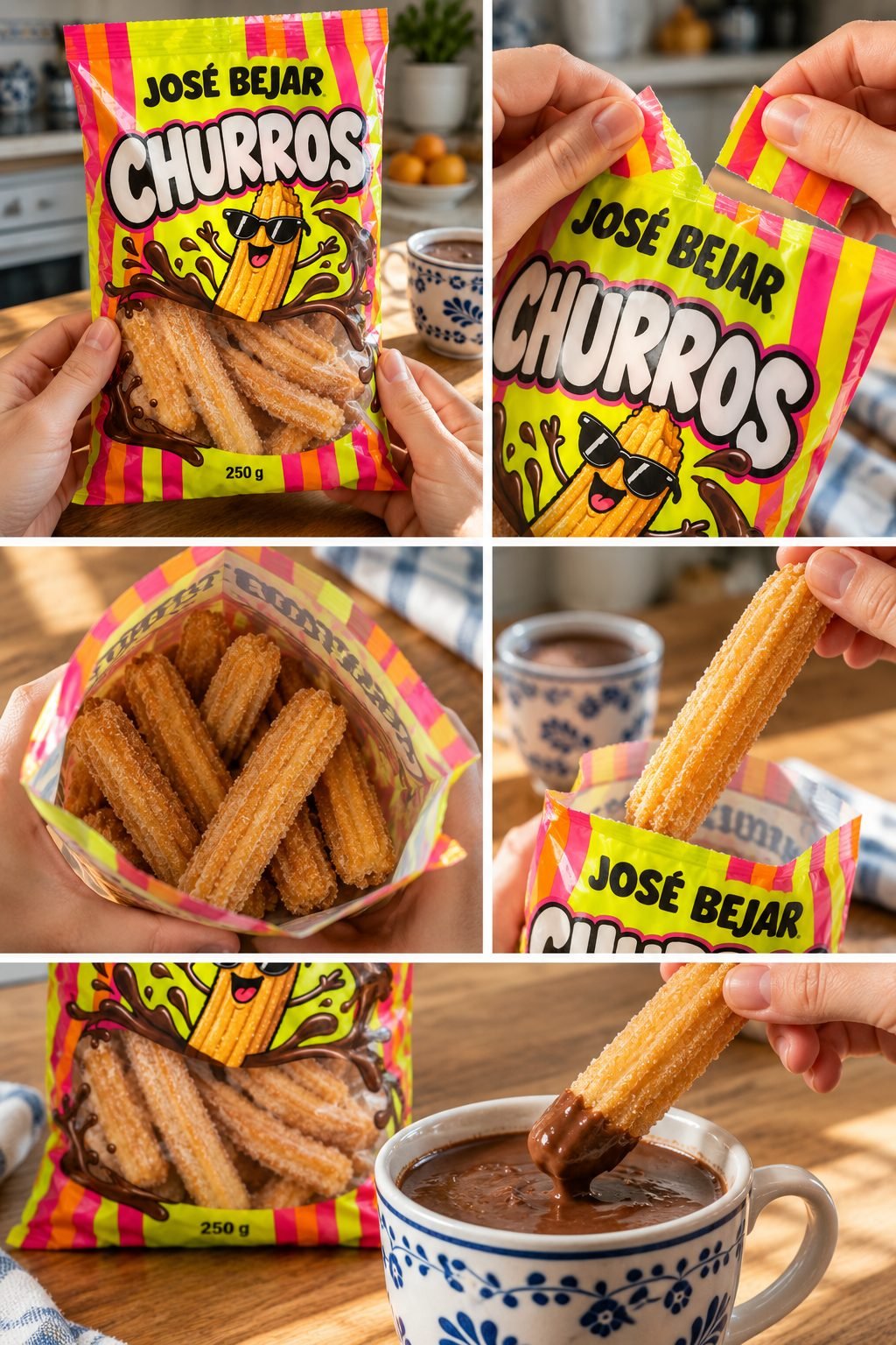 Secuencia de unboxing de la bolsa de churros en cinco fotos, con /unboxing